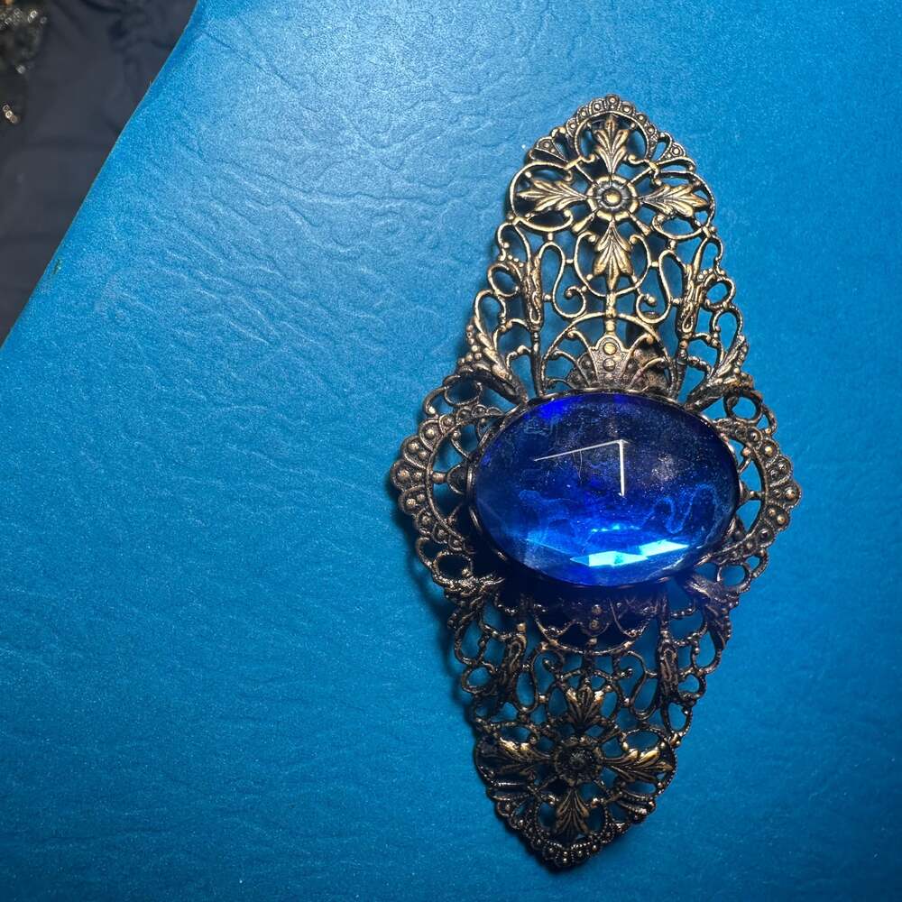 Vintage Czech Czechoslovak Blue Rhinestone Brass Filigree Brooch Pin